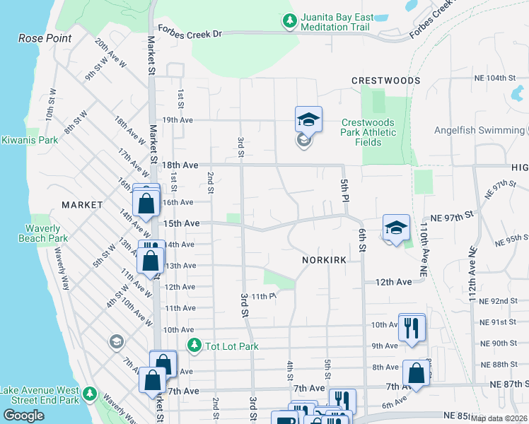 map of restaurants, bars, coffee shops, grocery stores, and more near 1517 3rd Place in Kirkland