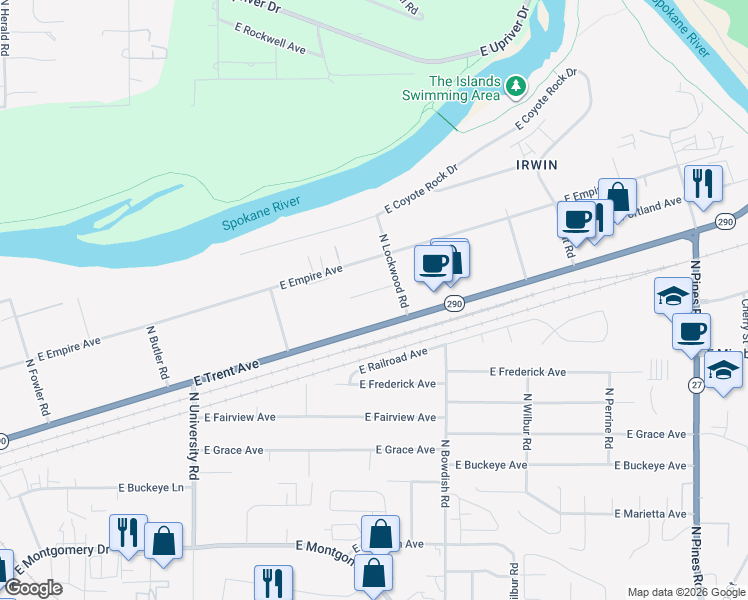 map of restaurants, bars, coffee shops, grocery stores, and more near 11306 East Portland Avenue in Spokane Valley
