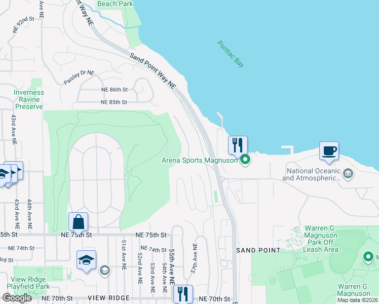 map of restaurants, bars, coffee shops, grocery stores, and more near 8001 Sand Point Way Northeast in Seattle
