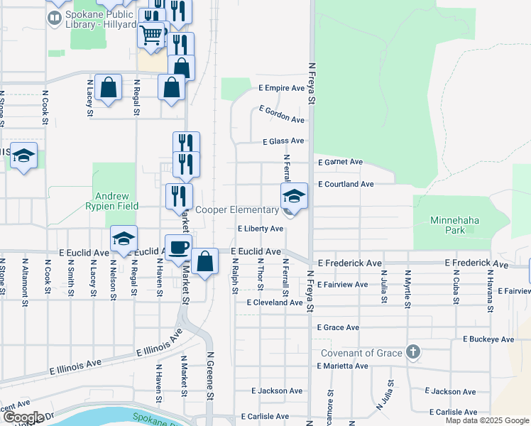 map of restaurants, bars, coffee shops, grocery stores, and more near 3412 East Bridgeport Avenue in Spokane