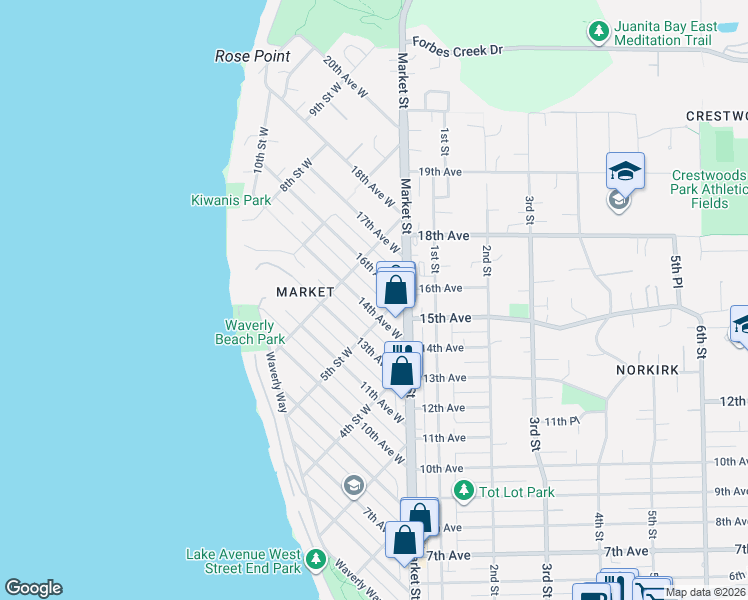 map of restaurants, bars, coffee shops, grocery stores, and more near 521 16th Avenue West in Kirkland