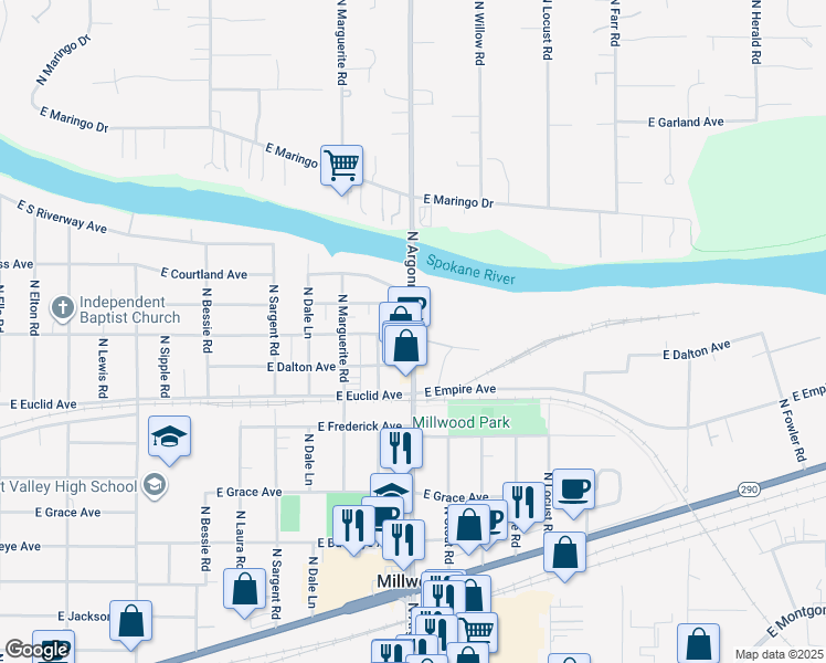 map of restaurants, bars, coffee shops, grocery stores, and more near 3320 North Argonne Road in Millwood