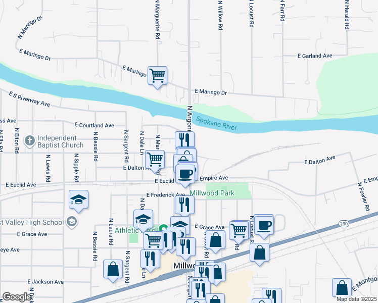 map of restaurants, bars, coffee shops, grocery stores, and more near 9021 East Liberty Avenue in Millwood