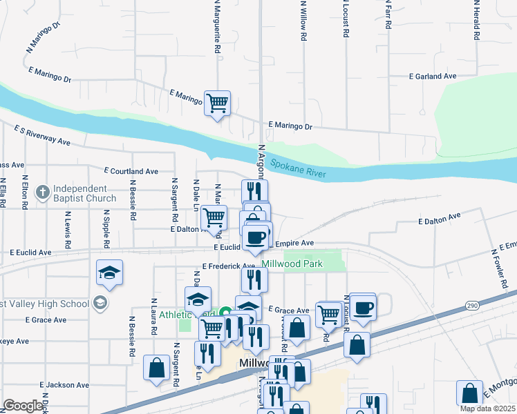 map of restaurants, bars, coffee shops, grocery stores, and more near 9021 East Liberty Avenue in Millwood
