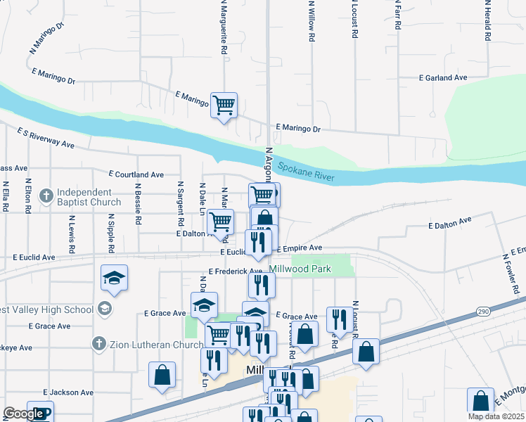 map of restaurants, bars, coffee shops, grocery stores, and more near 9021 East Liberty Avenue in Millwood