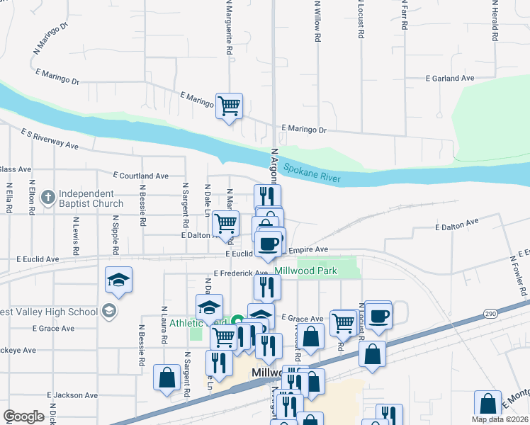 map of restaurants, bars, coffee shops, grocery stores, and more near 9021 East Liberty Avenue in Millwood