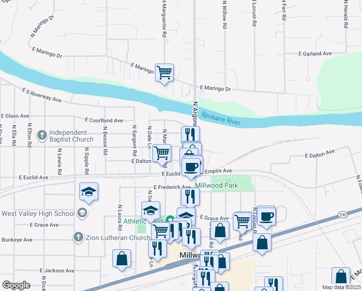 map of restaurants, bars, coffee shops, grocery stores, and more near 9021 East Liberty Avenue in Millwood