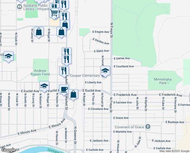 map of restaurants, bars, coffee shops, grocery stores, and more near 3412 East Bridgeport Avenue in Spokane