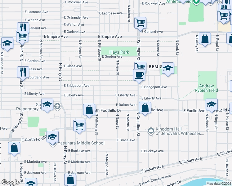 map of restaurants, bars, coffee shops, grocery stores, and more near 1817 Liberty Avenue in Spokane