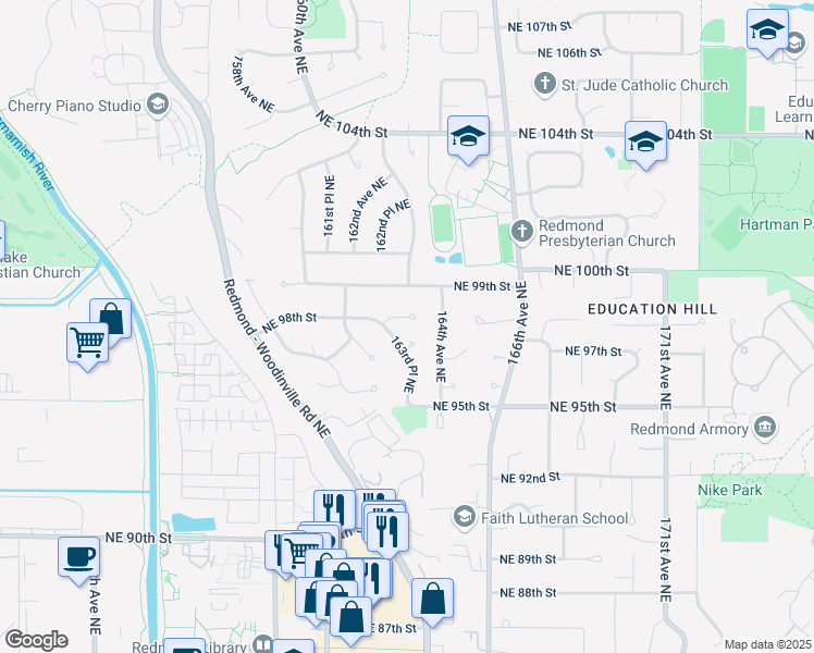 map of restaurants, bars, coffee shops, grocery stores, and more near 16309 Northeast 98th Street in Redmond