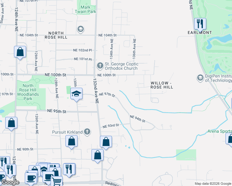 map of restaurants, bars, coffee shops, grocery stores, and more near 13420 Northeast 97th Street in Redmond