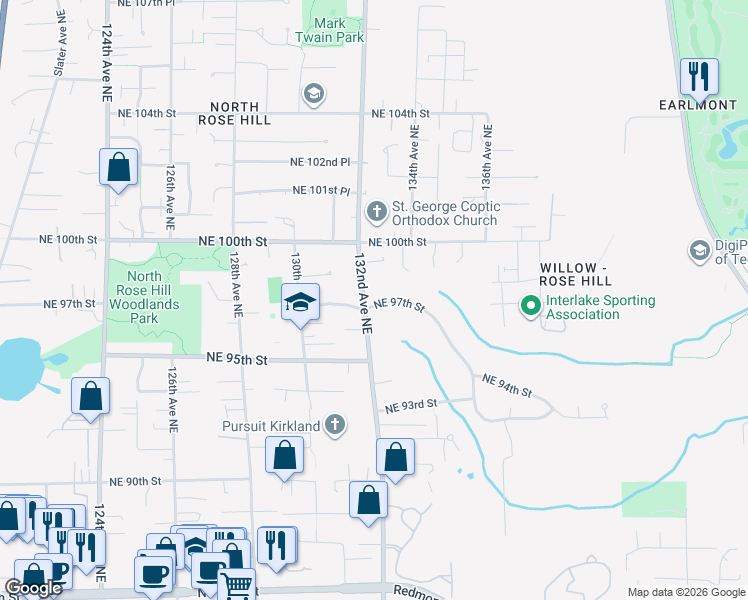 map of restaurants, bars, coffee shops, grocery stores, and more near 9712 132nd Avenue Northeast in Kirkland