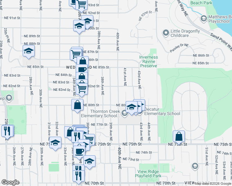 map of restaurants, bars, coffee shops, grocery stores, and more near 8044 39th Avenue Northeast in Seattle