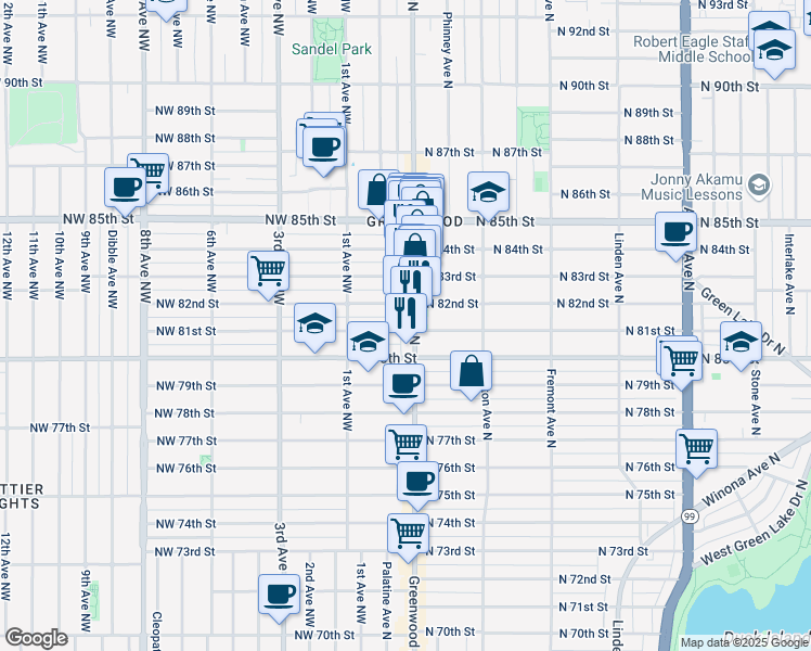 map of restaurants, bars, coffee shops, grocery stores, and more near 8104 Greenwood Avenue North in Seattle
