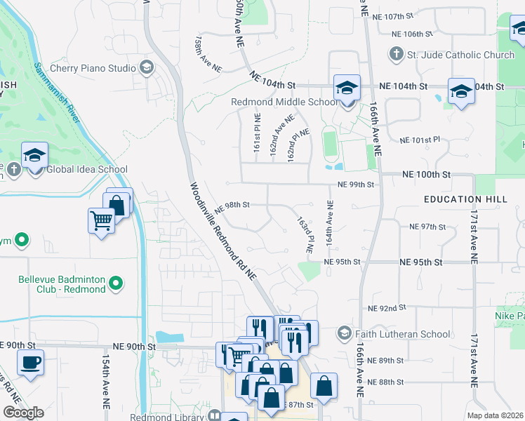map of restaurants, bars, coffee shops, grocery stores, and more near 9727 162nd Avenue Northeast in Redmond
