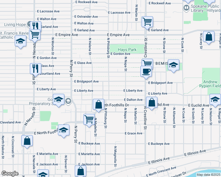 map of restaurants, bars, coffee shops, grocery stores, and more near 1723 Liberty Avenue in Spokane