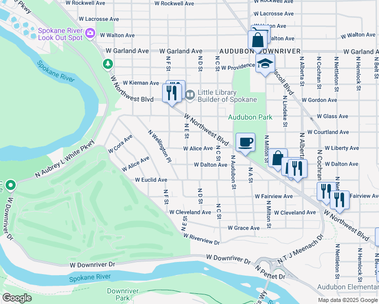 map of restaurants, bars, coffee shops, grocery stores, and more near 3227 West Alice Avenue in Spokane