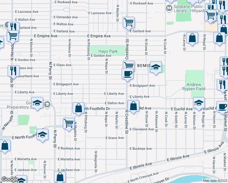 map of restaurants, bars, coffee shops, grocery stores, and more near 1923 Liberty Avenue in Spokane