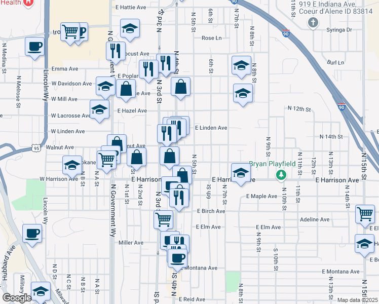 map of restaurants, bars, coffee shops, grocery stores, and more near 915 Sherman Avenue in Coeur d'Alene