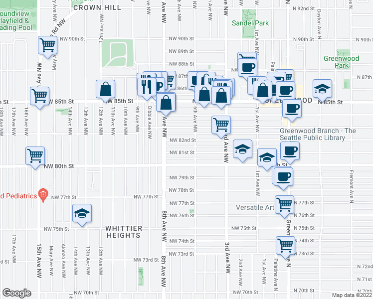 map of restaurants, bars, coffee shops, grocery stores, and more near 616 Northwest 81st Street in Seattle