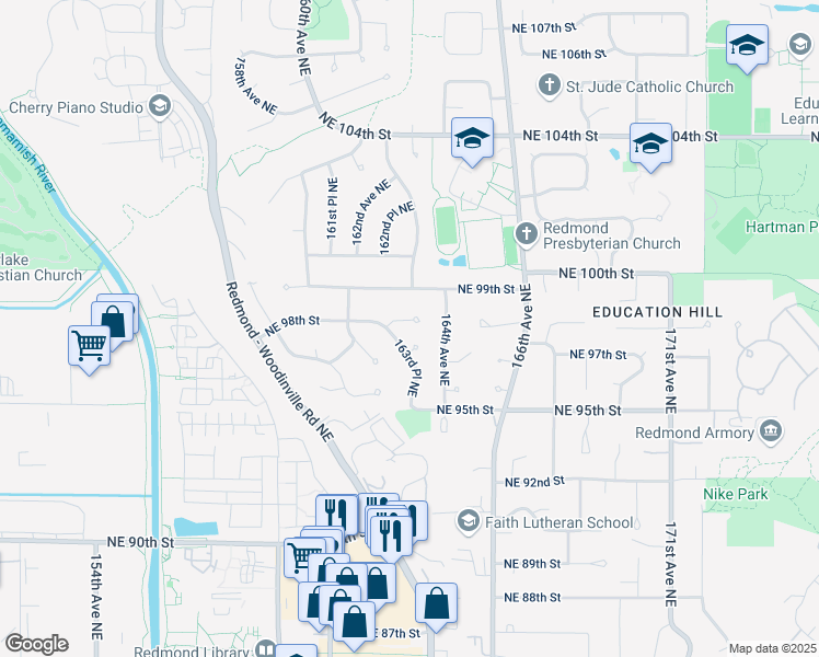 map of restaurants, bars, coffee shops, grocery stores, and more near 16309 Northeast 98th Street in Redmond