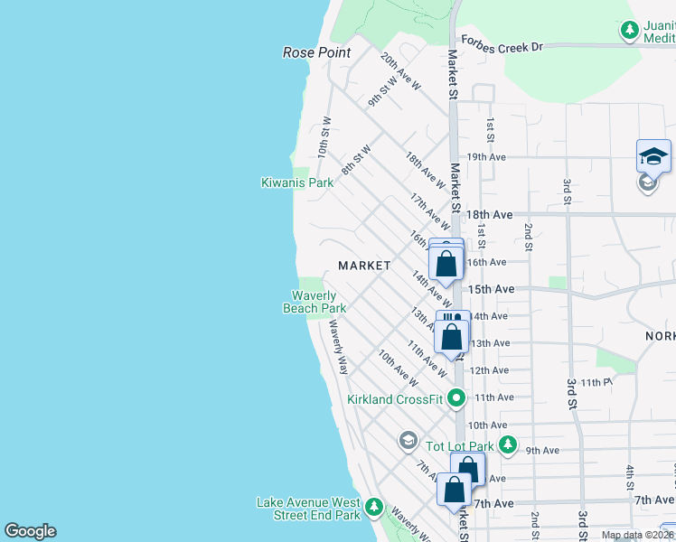 map of restaurants, bars, coffee shops, grocery stores, and more near 630 11th Avenue West in Kirkland