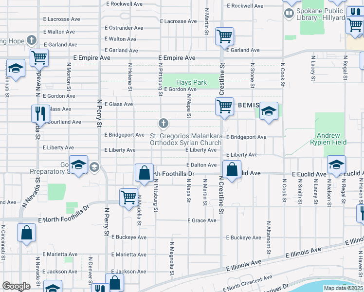 map of restaurants, bars, coffee shops, grocery stores, and more near 1817 Liberty Avenue in Spokane
