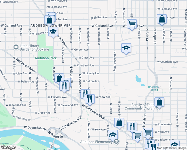 map of restaurants, bars, coffee shops, grocery stores, and more near 2323 West Liberty Avenue in Spokane