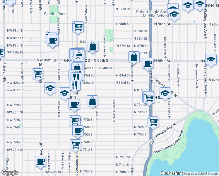 map of restaurants, bars, coffee shops, grocery stores, and more near 546 North 81st Street in Seattle
