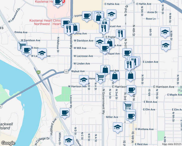 map of restaurants, bars, coffee shops, grocery stores, and more near 310 West Walnut Avenue in Coeur d'Alene
