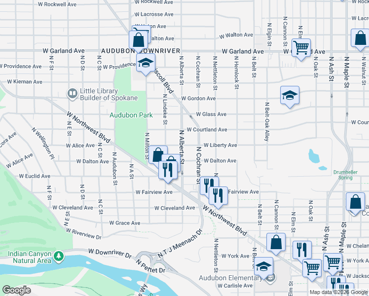 map of restaurants, bars, coffee shops, grocery stores, and more near 2511 West Liberty Avenue in Spokane