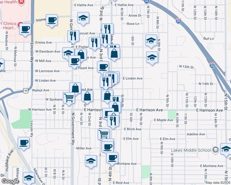 map of restaurants, bars, coffee shops, grocery stores, and more near 1316 North 4th Street in Coeur d'Alene