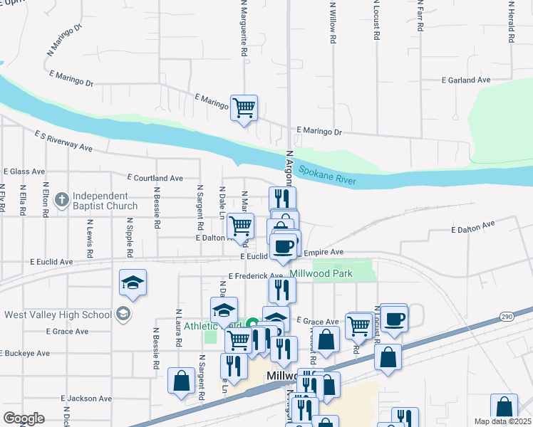 map of restaurants, bars, coffee shops, grocery stores, and more near 9021 East Liberty Avenue in Millwood