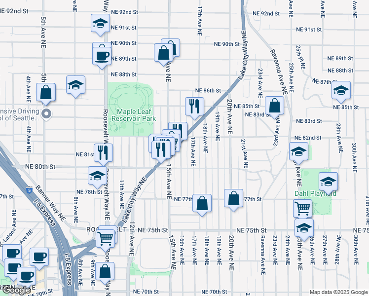map of restaurants, bars, coffee shops, grocery stores, and more near 8074 Lake City Way Northeast in Seattle