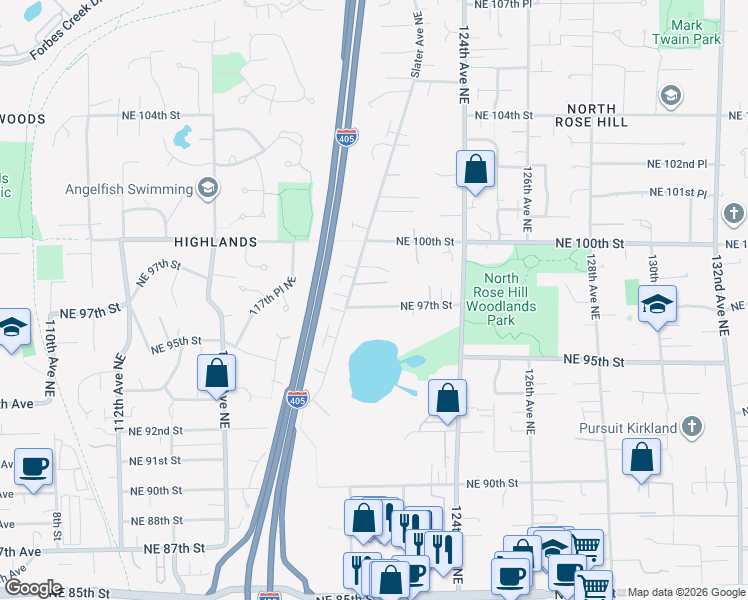 map of restaurants, bars, coffee shops, grocery stores, and more near 12010 Northeast 97th Street in Kirkland