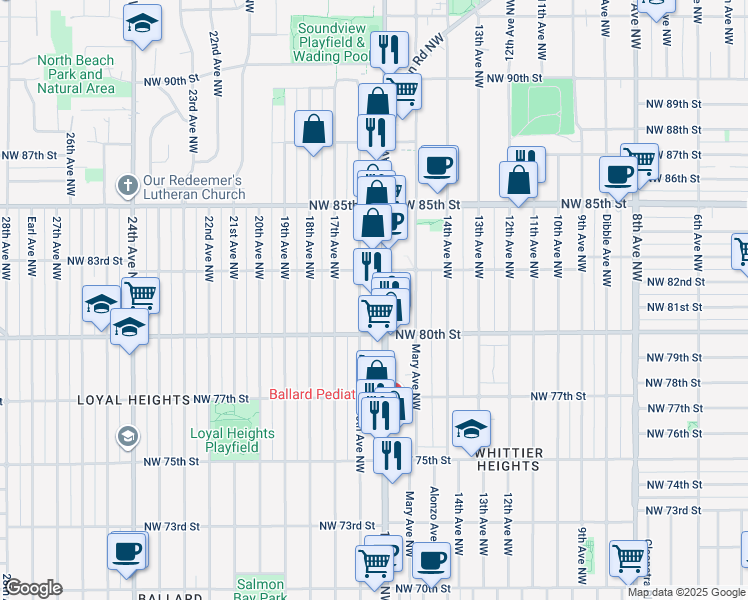 map of restaurants, bars, coffee shops, grocery stores, and more near 8037 15th Avenue Northwest in Seattle