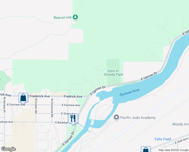map of restaurants, bars, coffee shops, grocery stores, and more near 5424 East Bridgeport Court in Spokane