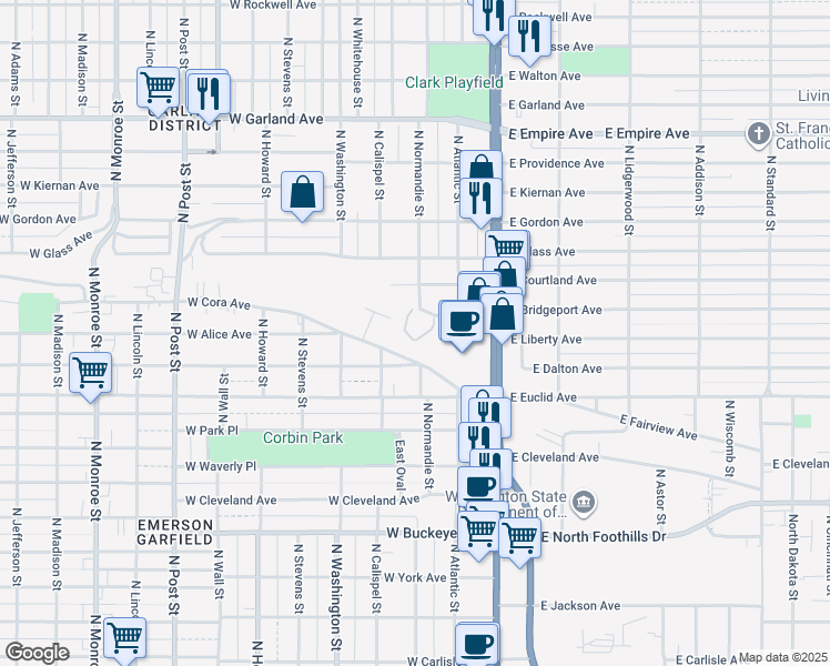 map of restaurants, bars, coffee shops, grocery stores, and more near 139 West Gray Court in Spokane