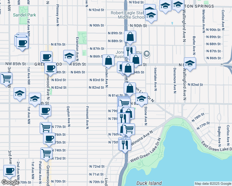 map of restaurants, bars, coffee shops, grocery stores, and more near 926 North 81st Street in Seattle