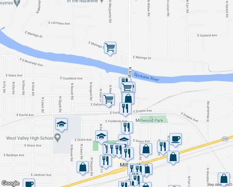 map of restaurants, bars, coffee shops, grocery stores, and more near 8909 East Liberty Avenue in Millwood