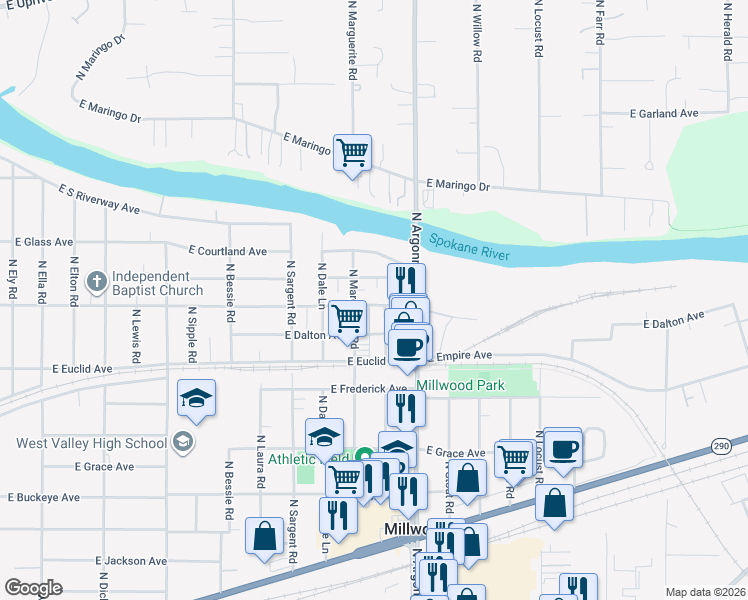 map of restaurants, bars, coffee shops, grocery stores, and more near 8907 East Liberty Avenue in Millwood