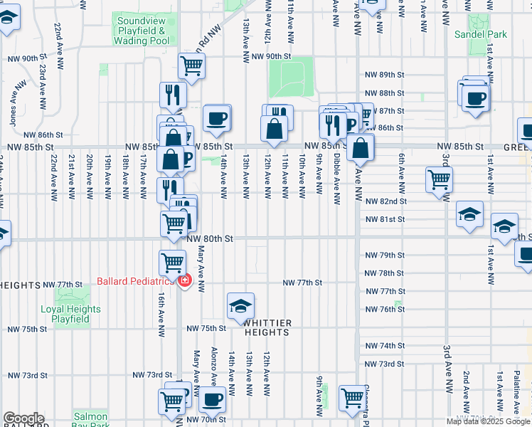 map of restaurants, bars, coffee shops, grocery stores, and more near 8033 12th Avenue Northwest in Seattle