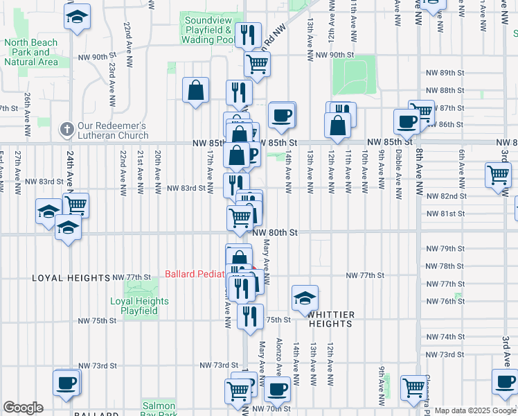 map of restaurants, bars, coffee shops, grocery stores, and more near 8035 Mary Avenue Northwest in Seattle