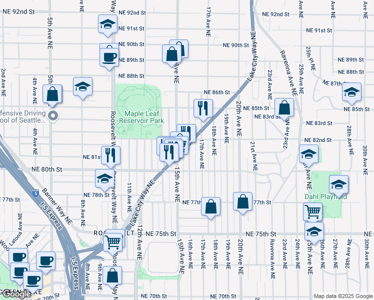 map of restaurants, bars, coffee shops, grocery stores, and more near 8074 Lake City Way Northeast in Seattle