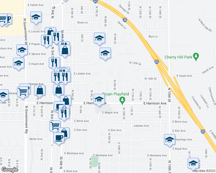 map of restaurants, bars, coffee shops, grocery stores, and more near 1371 North 9th Street in Coeur d'Alene