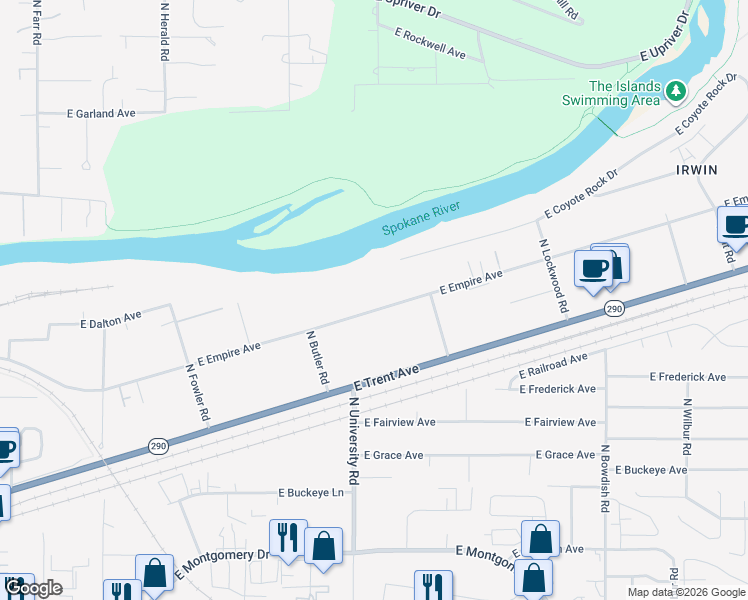 map of restaurants, bars, coffee shops, grocery stores, and more near 10715 East Empire Avenue in Spokane Valley