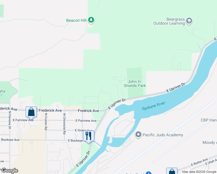 map of restaurants, bars, coffee shops, grocery stores, and more near 5424 East Bridgeport Court in Spokane