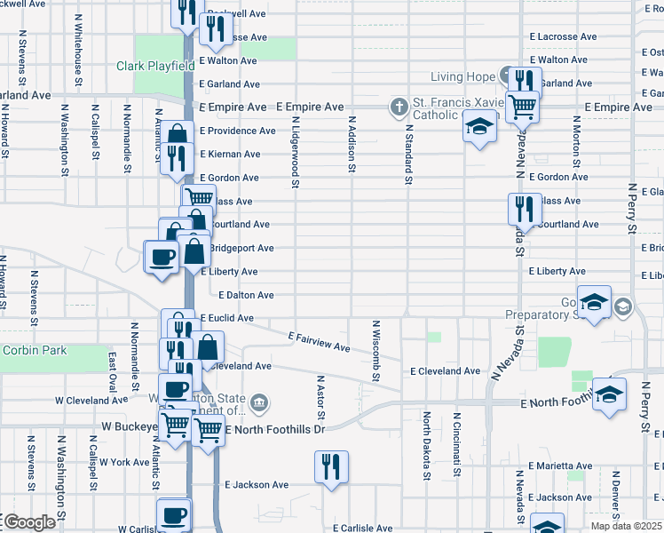 map of restaurants, bars, coffee shops, grocery stores, and more near 323 Liberty Avenue in Spokane
