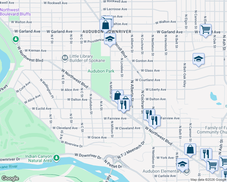 map of restaurants, bars, coffee shops, grocery stores, and more near 2711 West Liberty Avenue in Spokane