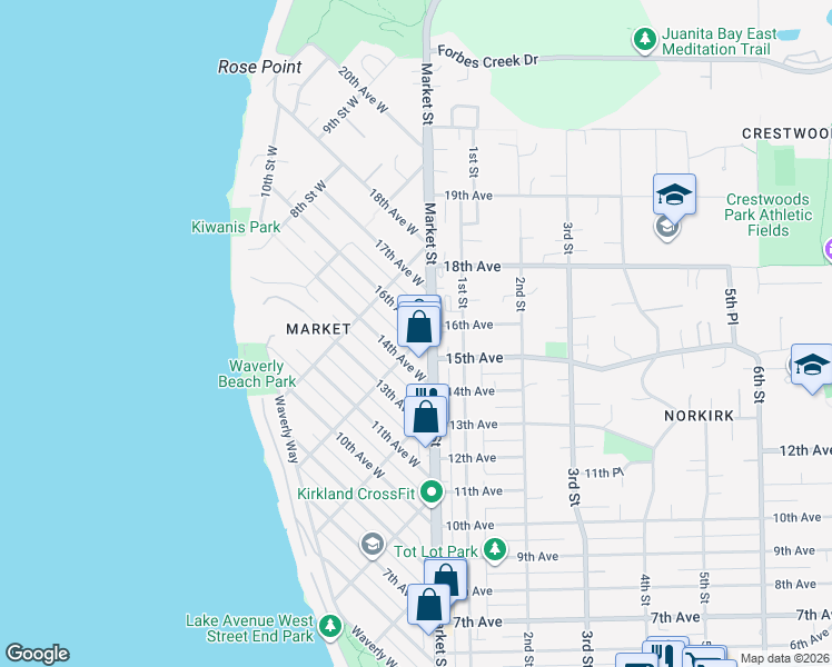 map of restaurants, bars, coffee shops, grocery stores, and more near 521 16th Avenue West in Kirkland